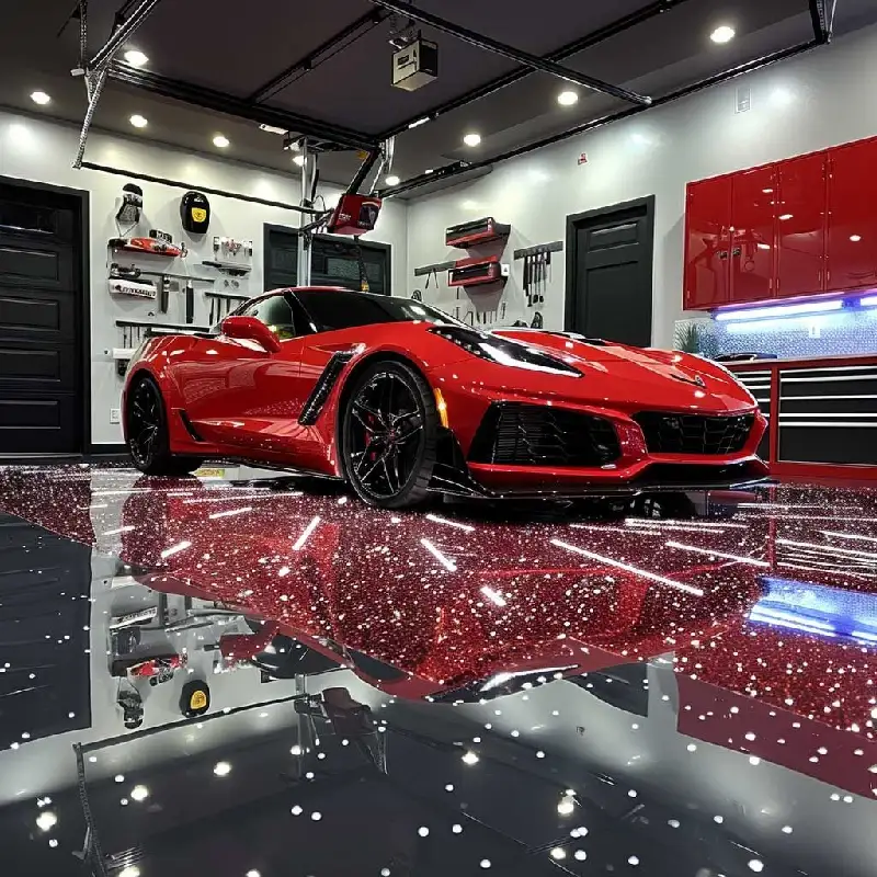 Shiny red metallic flake garage epoxy flooring
