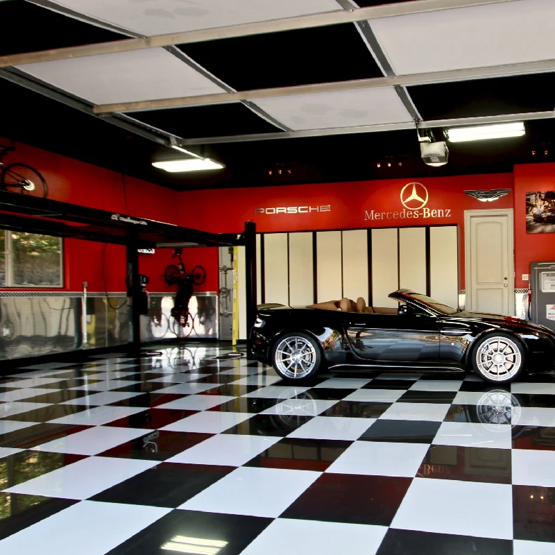 black and white checkerboard garage epoxy flooring
