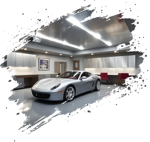 custom garage with gray speckled epoxy flooring