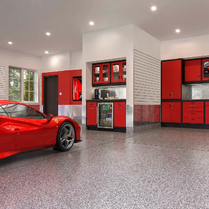 gray speckled garage epoxy flooring in a luxury garage