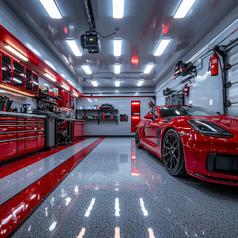 high-end garage with gray and red speckled epoxy flooring