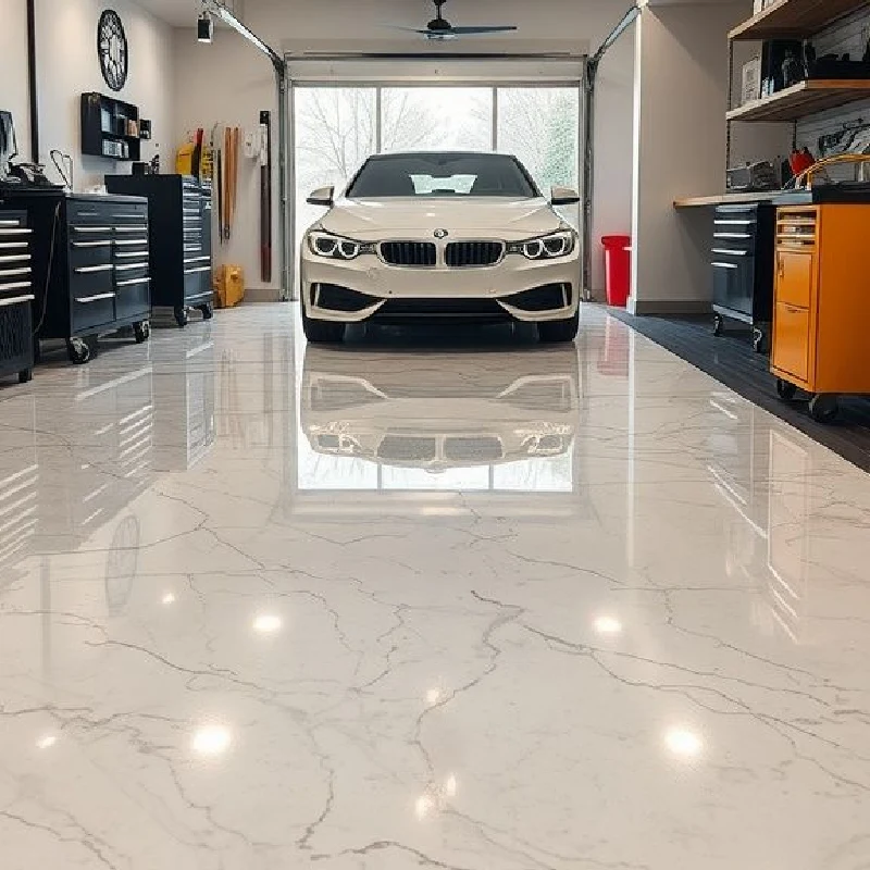 high-gloss garage epoxy flooring reflecting a white BMW