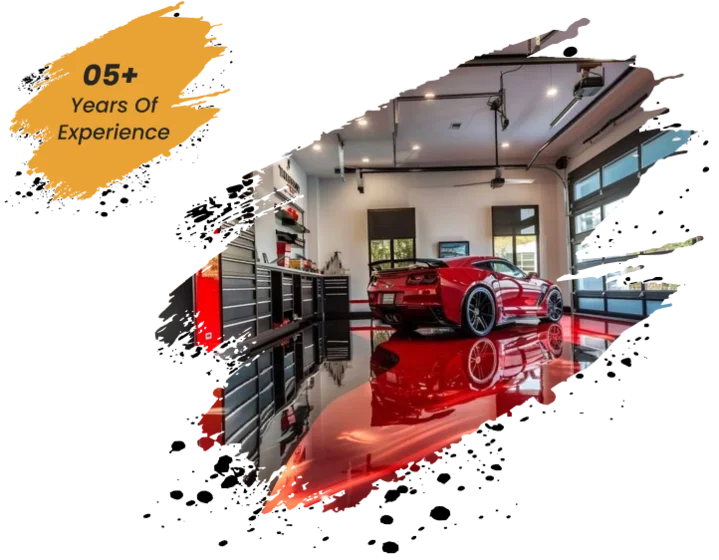 red epoxy flooring showcasing a red sports car